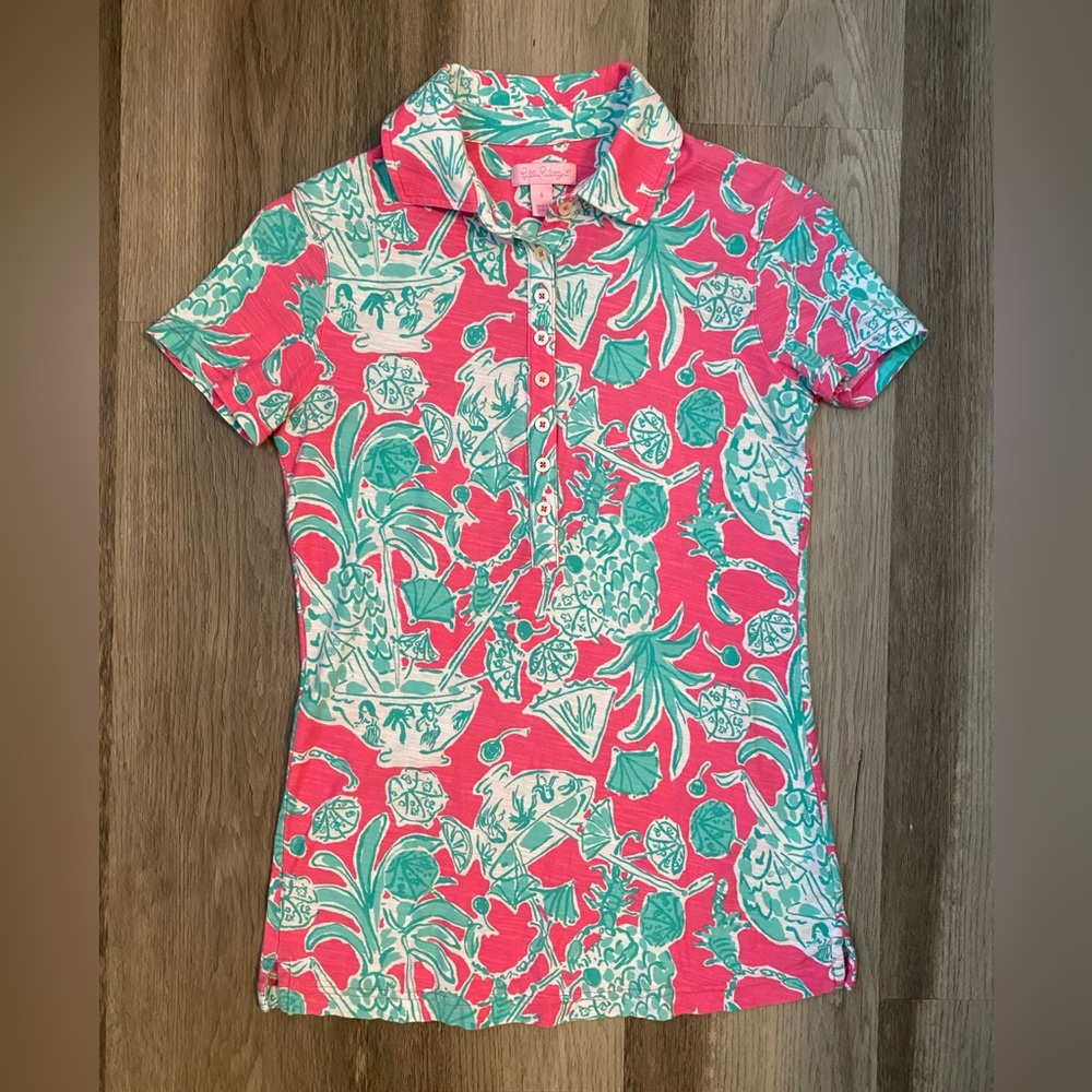 Lilly Pulitzer shirt Trophy Polo Scorpion Bowl print Pink/ Green women’s size S